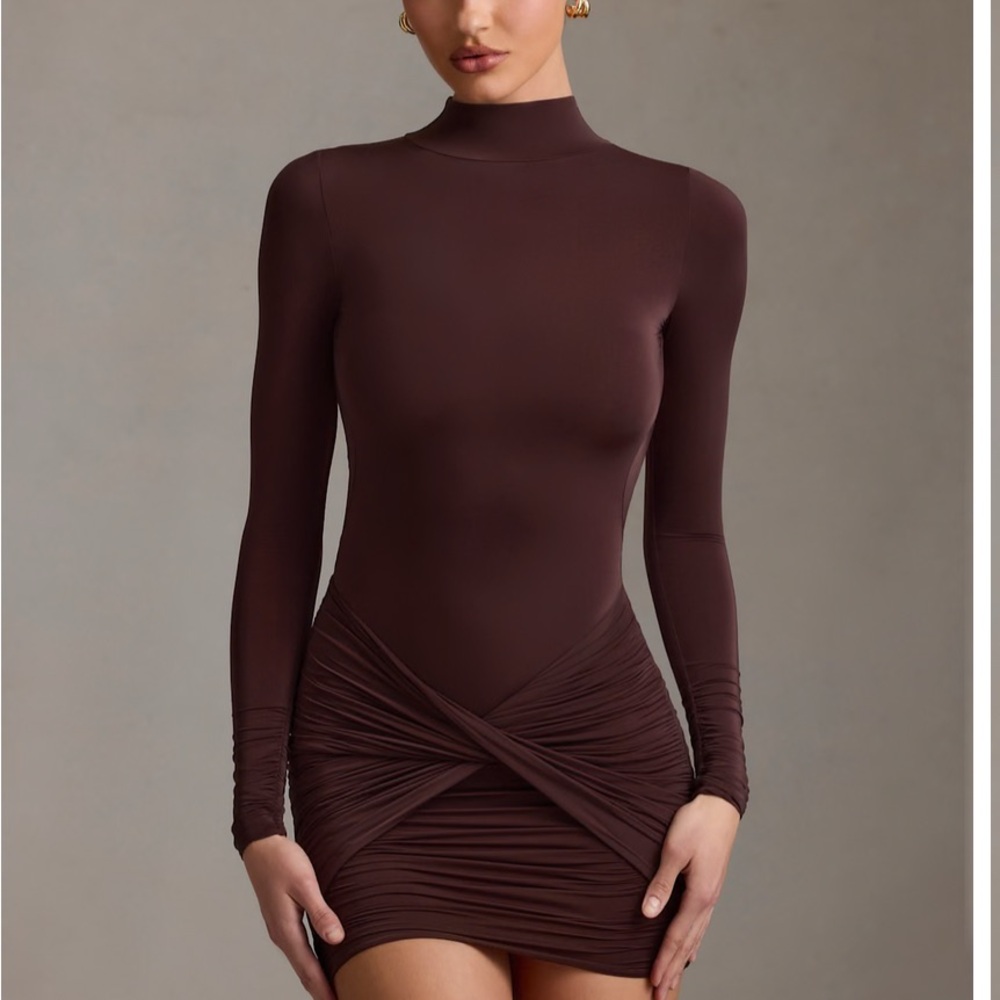 Ruched Backless Turtleneck Mini Dress